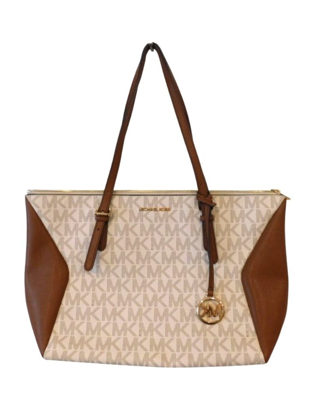 Michael Kors Coraline Large Logo Tote Purse Vanilla MK Brown Leather Bag